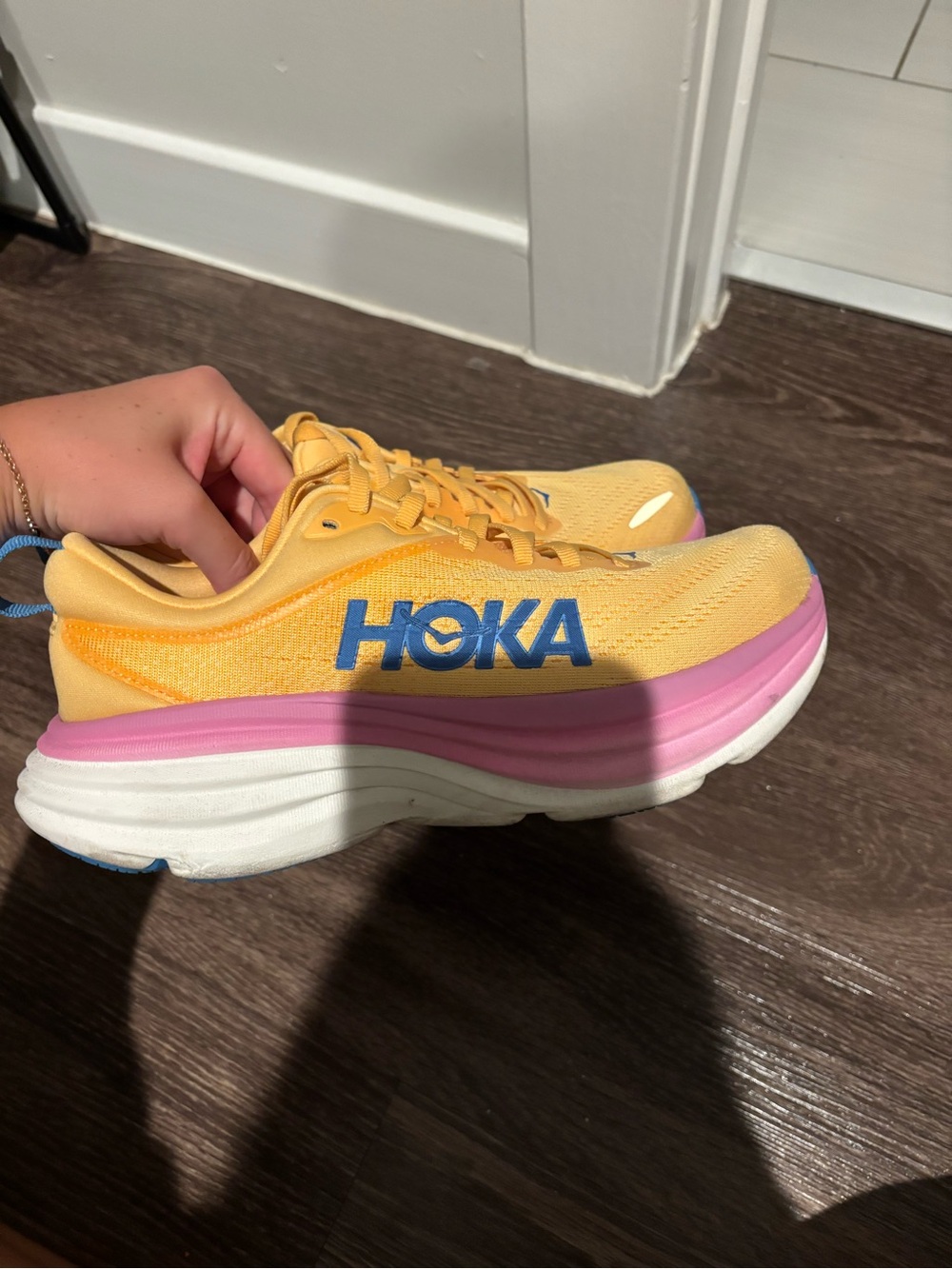 Hoka Yellow and Pink Women’s Running Shoes - Picture 2 of 4